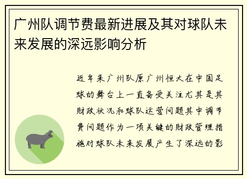 广州队调节费最新进展及其对球队未来发展的深远影响分析