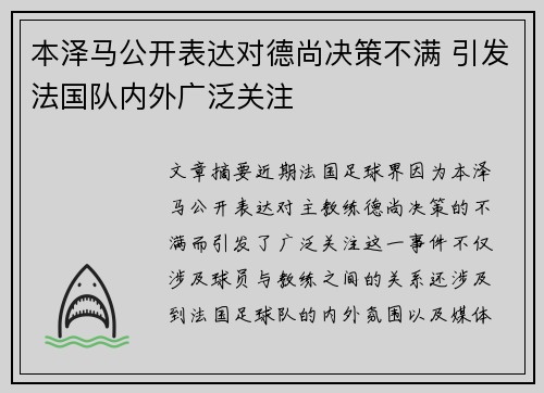 本泽马公开表达对德尚决策不满 引发法国队内外广泛关注